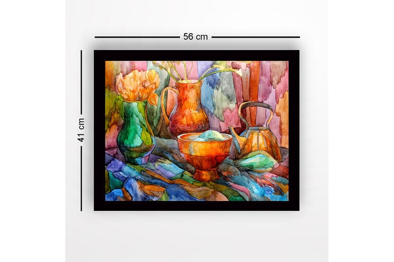 Innrammet lerretsbilde i tre - 41x56 cm - Stillhet med fargerike kar og blomster - Grønn / Oransje / Blå - Interiør - Maleri & posters - Lerretsbilder