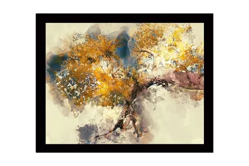 Innrammet lerretsbilde i tre - 41x56 cm - Stort tre med gyllent bladverk - Gull / Blå / Brun - Interiør - Maleri & posters - Lerretsbilder