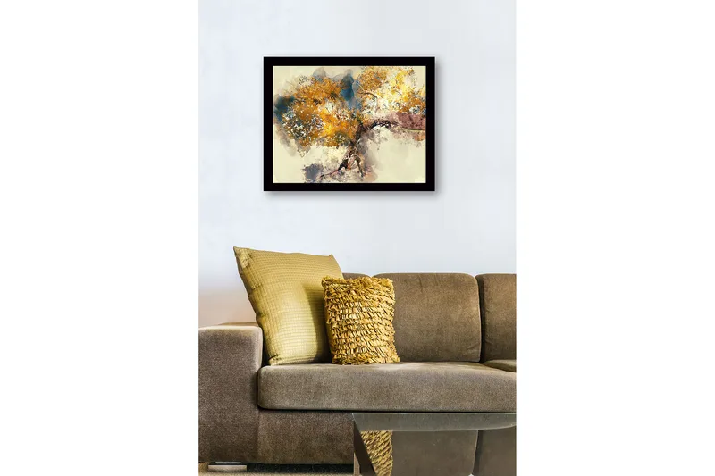 Innrammet lerretsbilde i tre - 41x56 cm - Stort tre med gyllent bladverk - Gull / Blå / Brun - Interiør - Maleri & posters - Lerretsbilder