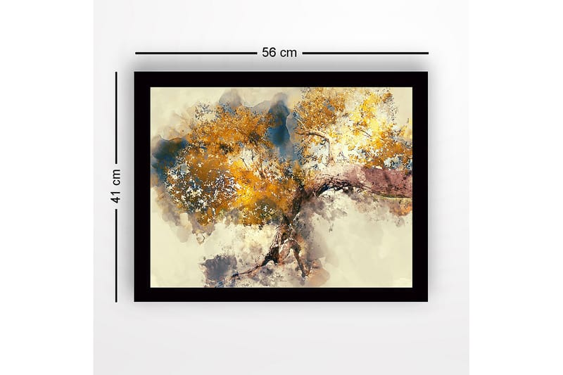 Innrammet lerretsbilde i tre - 41x56 cm - Stort tre med gyllent bladverk - Gull / Blå / Brun - Interiør - Maleri & posters - Lerretsbilder