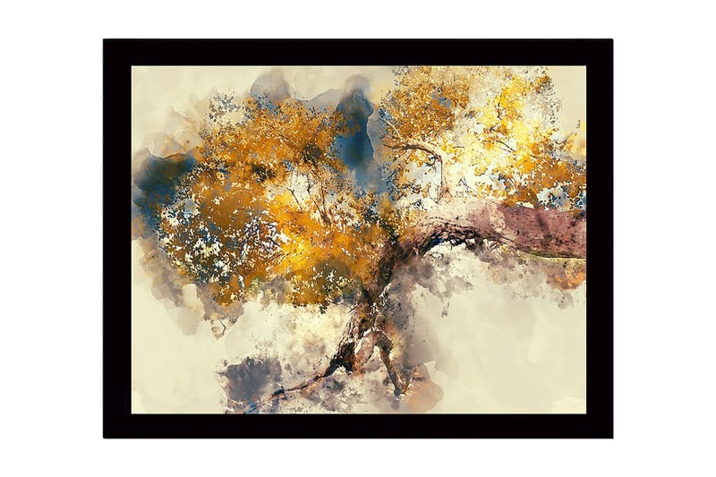 Innrammet lerretsbilde i tre - 41x56 cm - Stort tre med gyllent bladverk, Gull / Blå / Brun