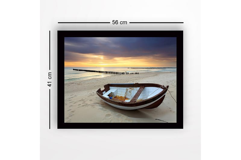 Innrammet lerretsbilde i tre - 41x56 cm - Strand med en gammel båt i solnedgangens lys - Blå / Oransje / Hvit - Interiør - Maleri & posters - Lerretsbilder