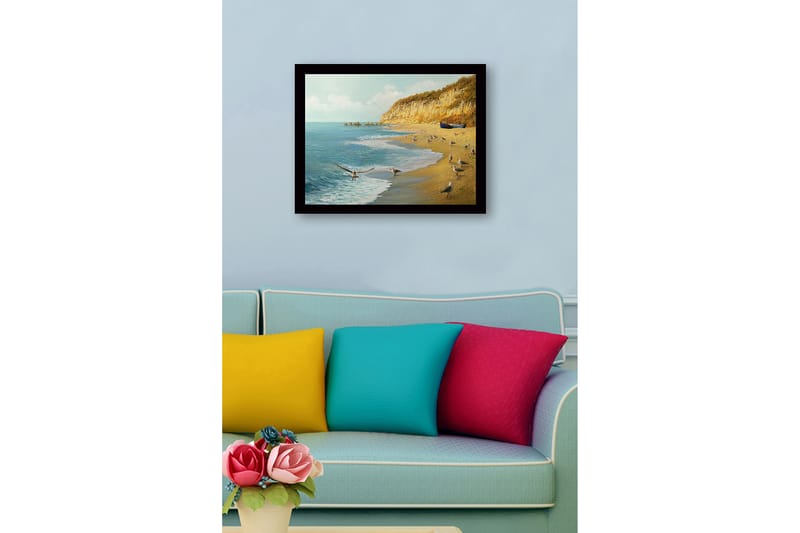 Innrammet lerretsbilde i tre - 41x56 cm - Strandlandskap med måker og en båt på kysten - Blå / Beige / Grønn - Interiør - Maleri & posters - Lerretsbilder