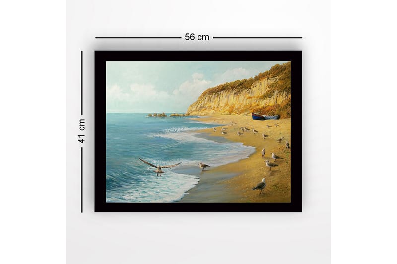 Innrammet lerretsbilde i tre - 41x56 cm - Strandlandskap med måker og en båt på kysten - Blå / Beige / Grønn - Interiør - Maleri & posters - Lerretsbilder