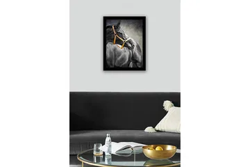 Innrammet lerretsbilde i tre - 41x56 cm - Svart hest med oransje grime i profil - Svart / Oransje / Grå - Interiør - Maleri & posters - Lerretsbilder