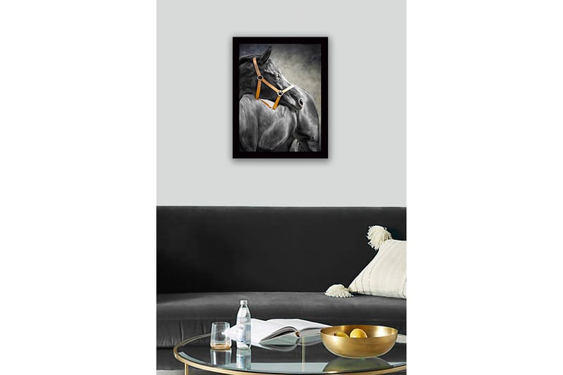 Innrammet lerretsbilde i tre - 41x56 cm - Svart hest med oransje grime i profil - Svart / Oransje / Grå - Interiør - Maleri & posters - Lerretsbilder