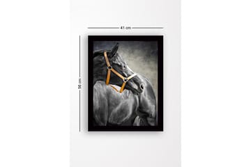 Innrammet lerretsbilde i tre - 41x56 cm - Svart hest med oransje grime i profil - Svart / Oransje / Grå - Interiør - Maleri & posters - Lerretsbilder