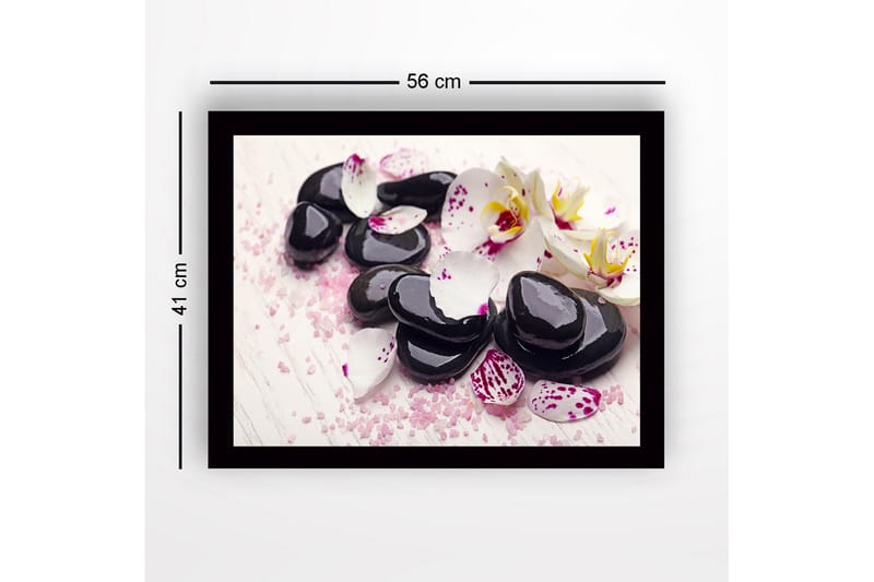 Innrammet lerretsbilde i tre - 41x56 cm - Svarte steiner omgitt av hvite og lilla orkideblader - Svart / Hvit / Lilla - Interiør - Maleri & posters - Lerretsbilder