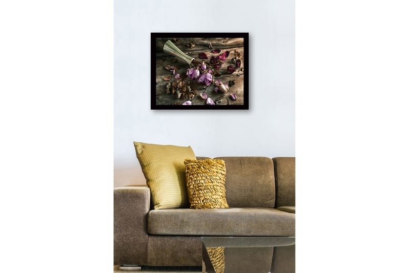 Innrammet lerretsbilde i tre - 41x56 cm - Tørkede roser i en vase på et trebord - Lilla / Brun / Grå - Interiør - Maleri & posters - Lerretsbilder
