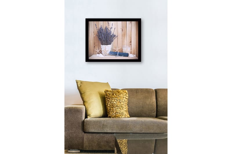 Innrammet lerretsbilde i tre - 41x56 cm - Tørket lavendel i en hvit kurv med sjøstjerner og en papirrull - Lilla / Hvit / Blå - Interiør - Maleri & posters - Lerretsbilder