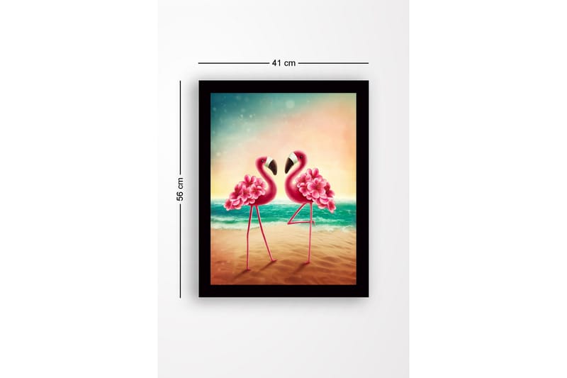 Innrammet lerretsbilde i tre - 41x56 cm - To flamingoer med blomsterdetaljer står tett inntil hverandre ved sjøen - Rosa / Turkis / Beige - Interiør - Maleri & posters - Lerretsbilder