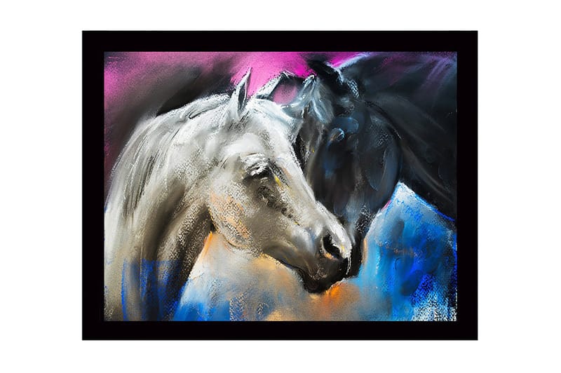 Innrammet lerretsbilde i tre - 41x56 cm - To hester i kontrastfarger, en hvit og en svart, møtes i en dynamisk komposisjon, Hvit / Svart / Blå