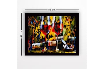 Innrammet lerretsbilde i tre - 41x56 cm - To vinglass med rødvin og en flaske i en livlig komposisjon - Rød / Gul / Grønn - Interiør - Maleri & posters - Lerretsbilder