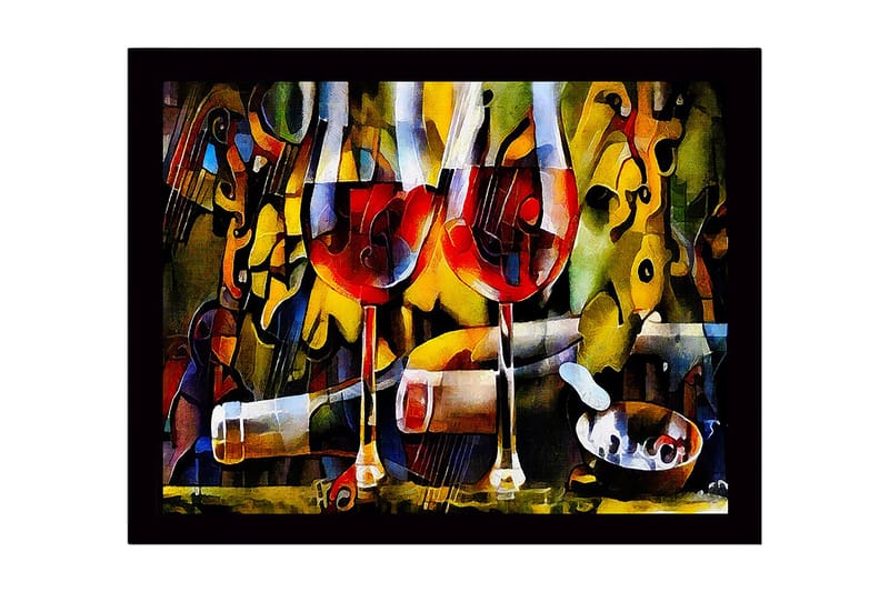 Innrammet lerretsbilde i tre - 41x56 cm - To vinglass med rødvin og en flaske i en livlig komposisjon, Rød / Gul / Grønn
