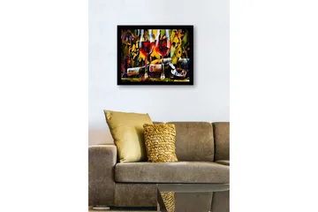 Innrammet lerretsbilde i tre - 41x56 cm - To vinglass med rødvin og en flaske i en livlig komposisjon - Rød / Gul / Grønn - Interiør - Maleri & posters - Lerretsbilder