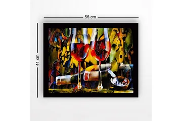 Innrammet lerretsbilde i tre - 41x56 cm - To vinglass med rødvin og en flaske i en livlig komposisjon - Rød / Gul / Grønn - Interiør - Maleri & posters - Lerretsbilder