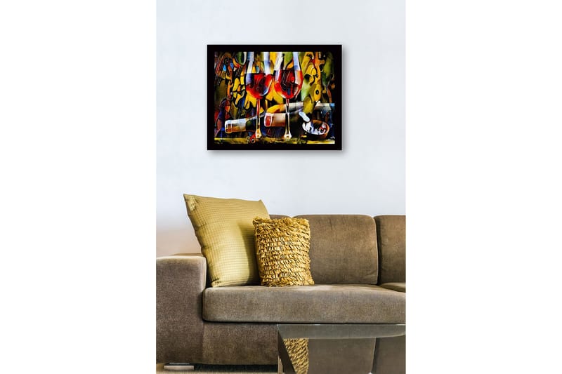 Innrammet lerretsbilde i tre - 41x56 cm - To vinglass med rødvin og en flaske i en livlig komposisjon - Rød / Gul / Grønn - Interiør - Maleri & posters - Lerretsbilder