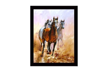 Innrammet lerretsbilde i tre - 41x56 cm - Tre hester som beveger seg gjennom et støvete landskap - Brun / Hvit / Beige - Interiør - Maleri & posters - Lerretsbilder