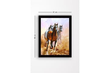 Innrammet lerretsbilde i tre - 41x56 cm - Tre hester som beveger seg gjennom et støvete landskap - Brun / Hvit / Beige - Interiør - Maleri & posters - Lerretsbilder