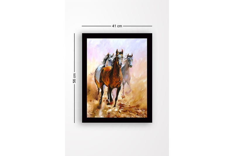 Innrammet lerretsbilde i tre - 41x56 cm - Tre hester som beveger seg gjennom et støvete landskap - Brun / Hvit / Beige - Interiør - Maleri & posters - Lerretsbilder
