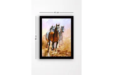 Innrammet lerretsbilde i tre - 41x56 cm - Tre hester som beveger seg gjennom et støvete landskap - Brun / Hvit / Beige - Interiør - Maleri & posters - Lerretsbilder