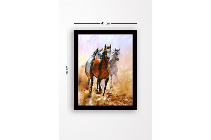Innrammet lerretsbilde i tre - 41x56 cm - Tre hester som beveger seg gjennom et støvete landskap - Brun / Hvit / Beige - Interiør - Maleri & posters - Lerretsbilder
