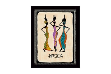 Innrammet lerretsbilde i tre - 41x56 cm - Tre stiliserte kvinner i fargerike kjoler med tradisjonelle mønstre - Svart / Oransje / Grønn - Interiør - Maleri & posters - Lerretsbilder