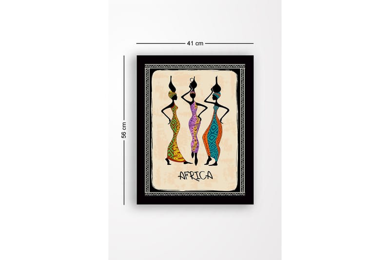 Innrammet lerretsbilde i tre - 41x56 cm - Tre stiliserte kvinner i fargerike kjoler med tradisjonelle mønstre - Svart / Oransje / Grønn - Interiør - Maleri & posters - Lerretsbilder