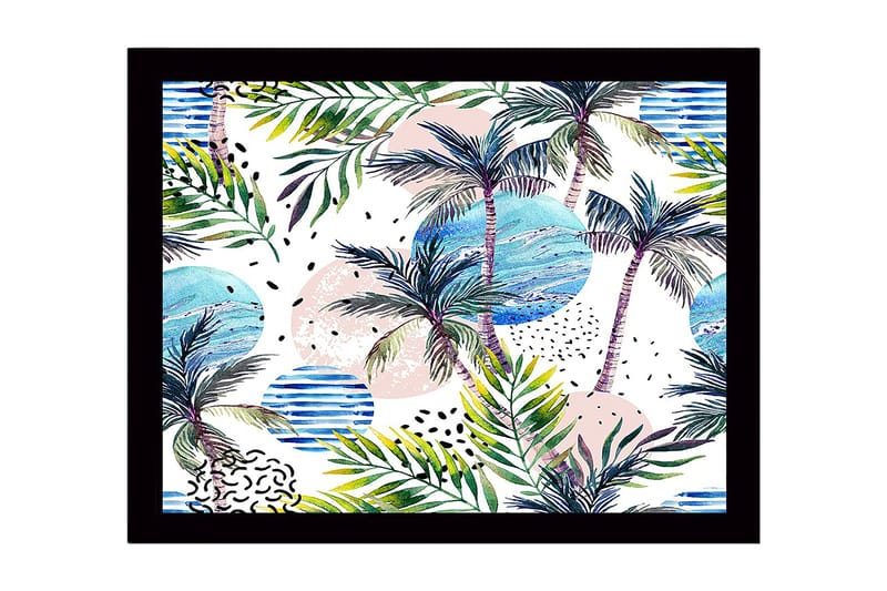 Innrammet lerretsbilde i tre - 41x56 cm - Tropisk landskap med palmer og fargerike sirkler, Grønn / Blå / Rosa
