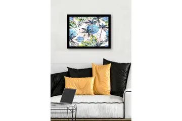 Innrammet lerretsbilde i tre - 41x56 cm - Tropisk landskap med palmer og fargerike sirkler - Grønn / Blå / Rosa - Interiør - Maleri & posters - Lerretsbilder