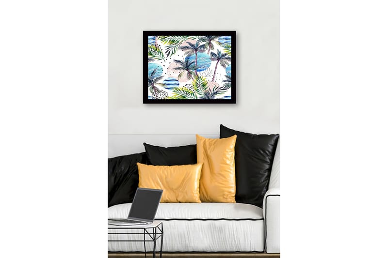 Innrammet lerretsbilde i tre - 41x56 cm - Tropisk landskap med palmer og fargerike sirkler - Grønn / Blå / Rosa - Interiør - Maleri & posters - Lerretsbilder