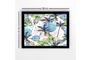 Innrammet lerretsbilde i tre - 41x56 cm - Tropisk landskap med palmer og fargerike sirkler - Grønn / Blå / Rosa - Interiør - Maleri & posters - Lerretsbilder