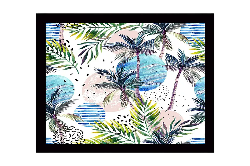 Innrammet lerretsbilde i tre - 41x56 cm - Tropisk landskap med palmer og fargerike sirkler, Grønn / Blå / Rosa