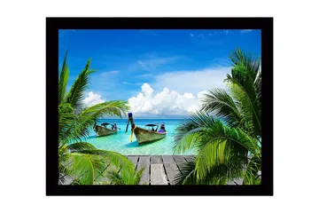 Innrammet lerretsbilde i tre - 41x56 cm - Tropisk strand med båter og palmer - Turkis / Grønn / Blå - Interiør - Maleri & posters - Lerretsbilder