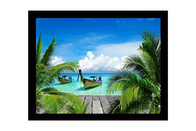 Innrammet lerretsbilde i tre - 41x56 cm - Tropisk strand med båter og palmer - Turkis / Grønn / Blå - Interiør - Maleri & posters - Lerretsbilder