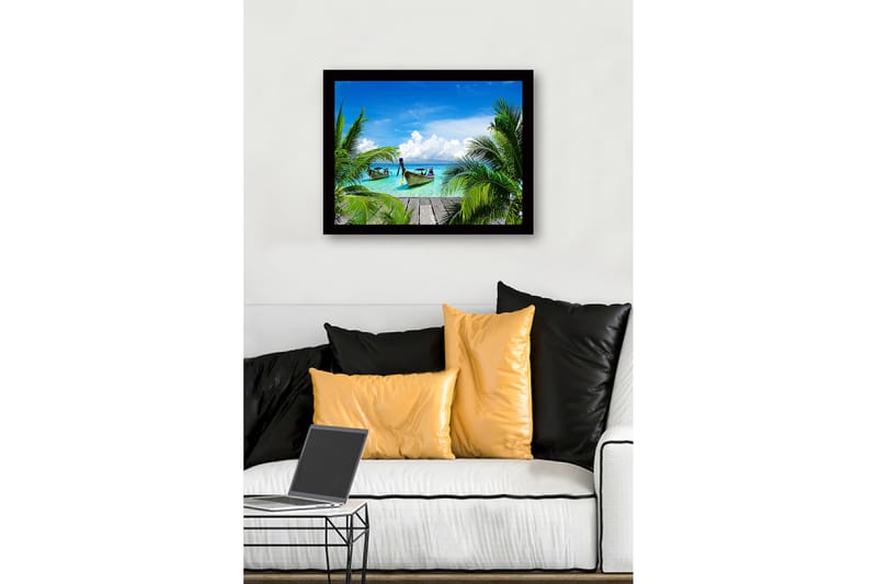 Innrammet lerretsbilde i tre - 41x56 cm - Tropisk strand med båter og palmer - Turkis / Grønn / Blå - Interiør - Maleri & posters - Lerretsbilder