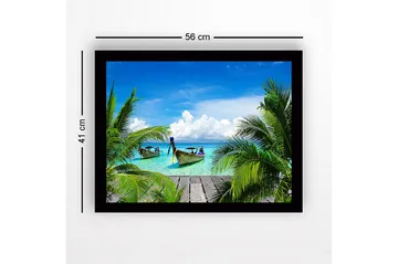 Innrammet lerretsbilde i tre - 41x56 cm - Tropisk strand med båter og palmer - Turkis / Grønn / Blå - Interiør - Maleri & posters - Lerretsbilder