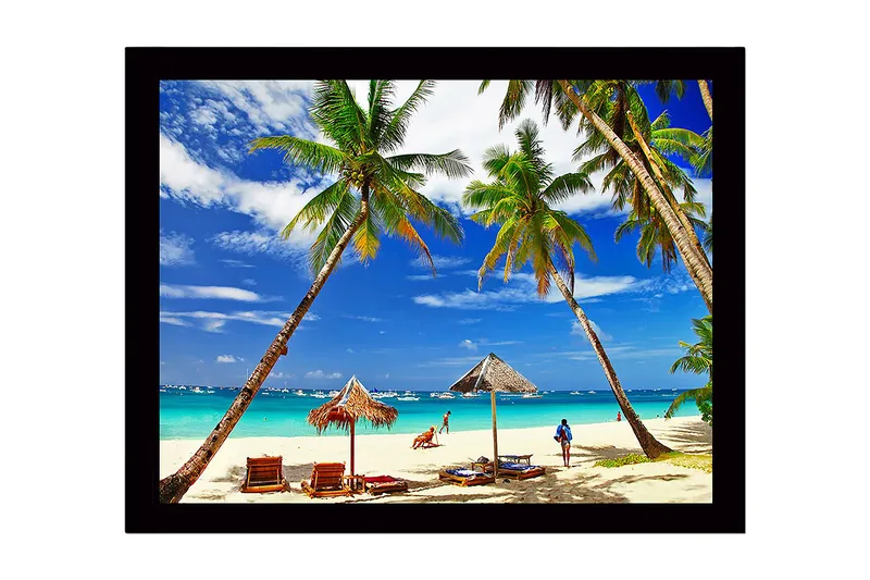 Innrammet lerretsbilde i tre - 41x56 cm - Tropisk strand med palmer og solsenger, Blå / Grønn / Beige