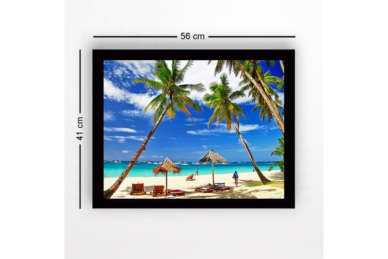 Innrammet lerretsbilde i tre - 41x56 cm - Tropisk strand med palmer og solsenger - Blå / Grønn / Beige - Interiør - Maleri & posters - Lerretsbilder