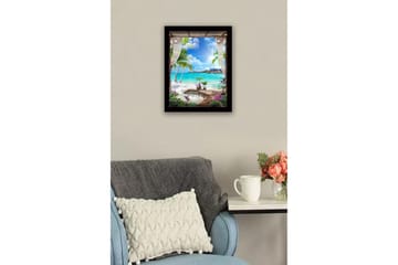 Innrammet lerretsbilde i tre - 41x56 cm - Tropisk utsikt med palmer og klart blått hav - Turkis / Grønn / Lilla - Interiør - Maleri & posters - Lerretsbilder