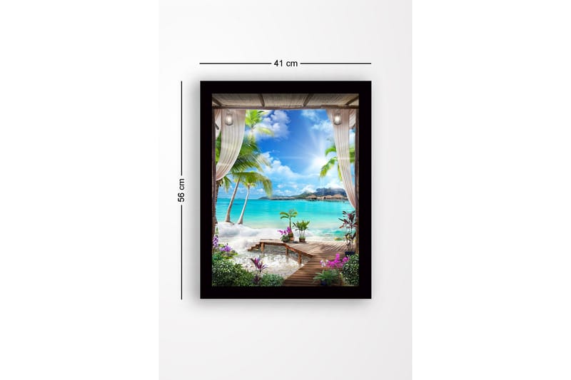 Innrammet lerretsbilde i tre - 41x56 cm - Tropisk utsikt med palmer og klart blått hav - Turkis / Grønn / Lilla - Interiør - Maleri & posters - Lerretsbilder