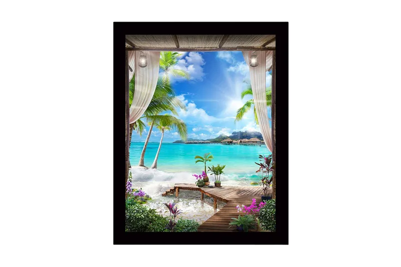 Innrammet lerretsbilde i tre - 41x56 cm - Tropisk utsikt med palmer og klart blått hav, Turkis / Grønn / Lilla