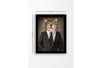 Innrammet lerretsbilde i tre - 41x56 cm - Ulv med menneskelige trekk i dress og slips - Grå / Svart / Beige - Interiør - Maleri & posters - Lerretsbilder