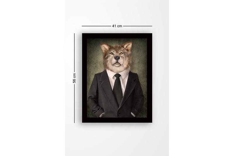 Innrammet lerretsbilde i tre - 41x56 cm - Ulv med menneskelige trekk i dress og slips - Grå / Svart / Beige - Interiør - Maleri & posters - Lerretsbilder