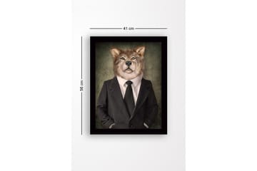Innrammet lerretsbilde i tre - 41x56 cm - Ulv med menneskelige trekk i dress og slips - Grå / Svart / Beige - Interiør - Maleri & posters - Lerretsbilder