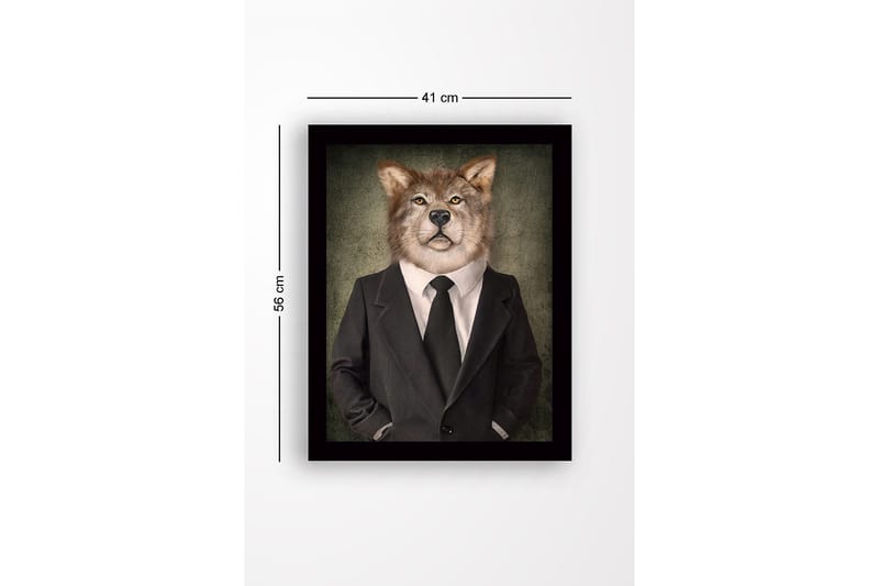 Innrammet lerretsbilde i tre - 41x56 cm - Ulv med menneskelige trekk i dress og slips - Grå / Svart / Beige - Interiør - Maleri & posters - Lerretsbilder
