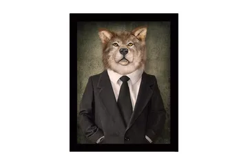 Innrammet lerretsbilde i tre - 41x56 cm - Ulv med menneskelige trekk i dress og slips - Grå / Svart / Beige - Interiør - Maleri & posters - Lerretsbilder