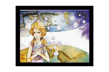 Innrammet lerretsbilde i tre - 41x56 cm - Ung kvinne med blomster i hendene og flytende sirkler rundt seg - Lys blå / Beige / Lilla - Interiør - Maleri & posters - Lerretsbilder