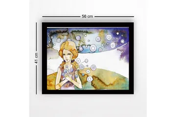 Innrammet lerretsbilde i tre - 41x56 cm - Ung kvinne med blomster i hendene og flytende sirkler rundt seg - Lys blå / Beige / Lilla - Interiør - Maleri & posters - Lerretsbilder