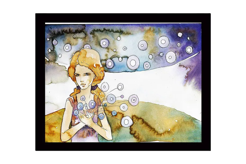 Innrammet lerretsbilde i tre - 41x56 cm - Ung kvinne med blomster i hendene og flytende sirkler rundt seg, Lys blå / Beige / Lilla